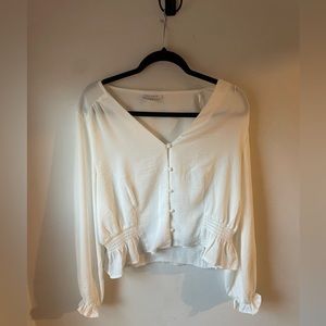 Topshop Blouse Womens 10 White Smocked Waist Long Sleeve Peasant Cuffed Top